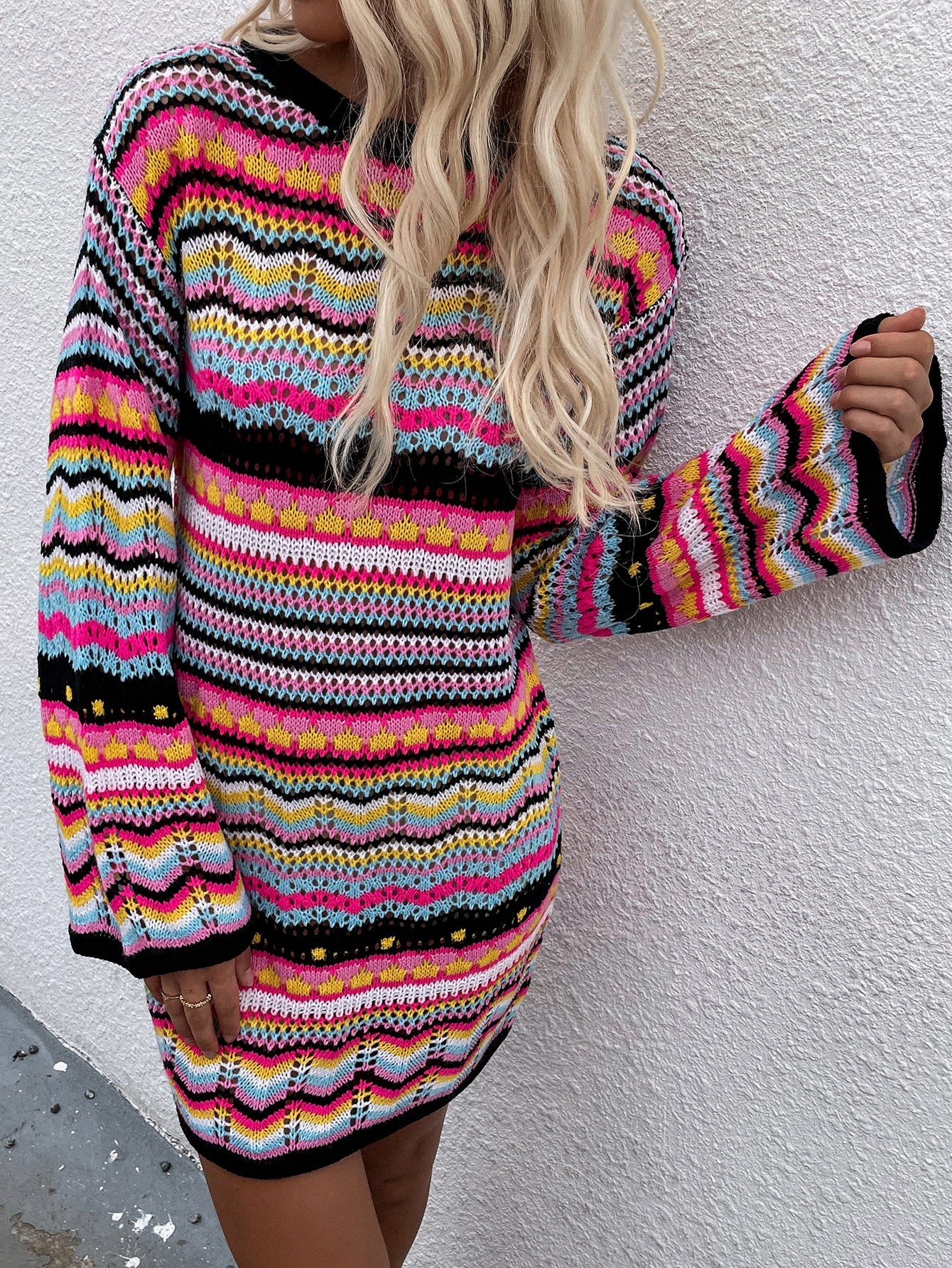 Calistally | Zig Zag Crochet Knit Dress - Black
