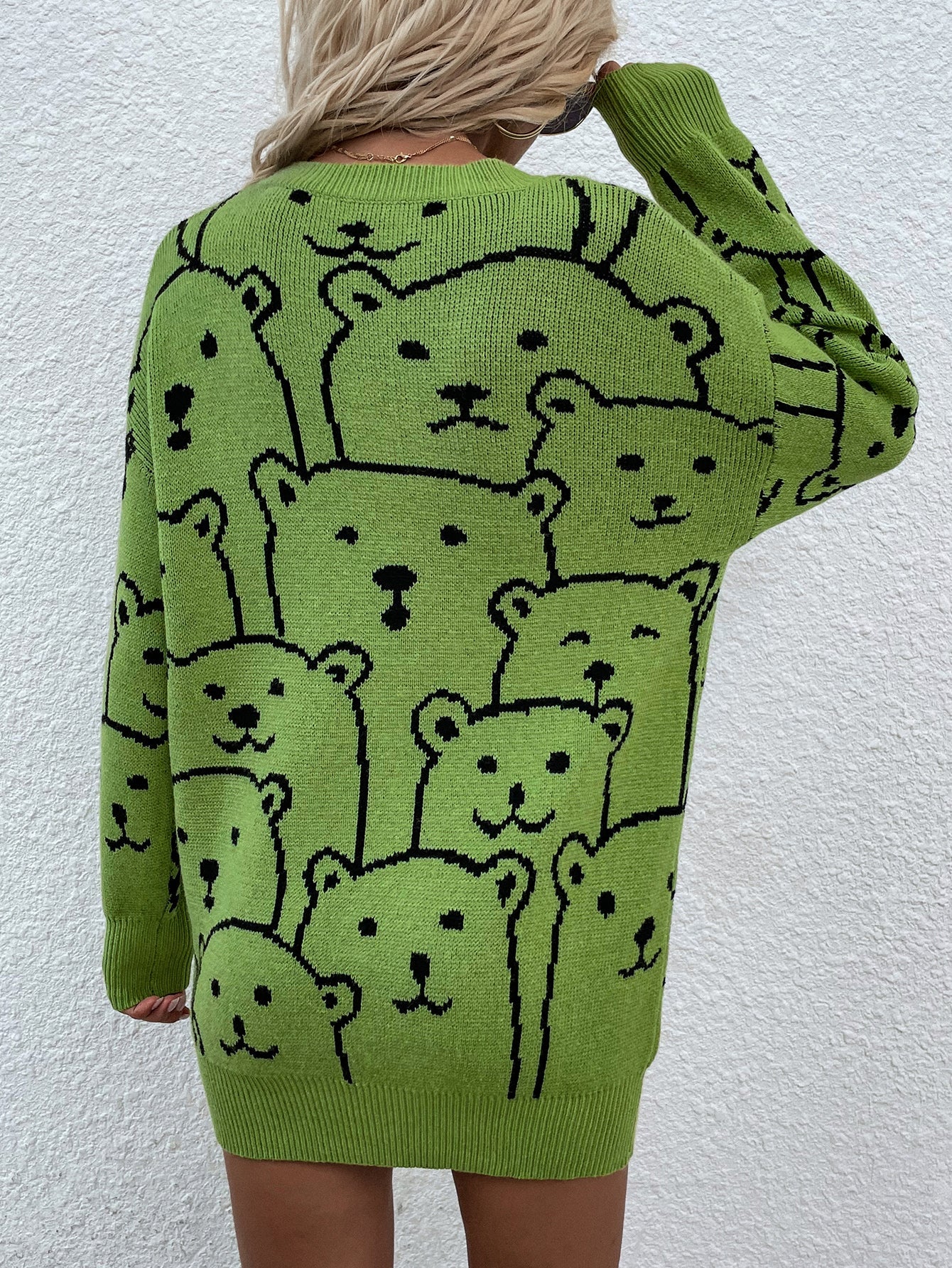 Calistally | Green Smiley Polar Bear Knit Sweater Dress