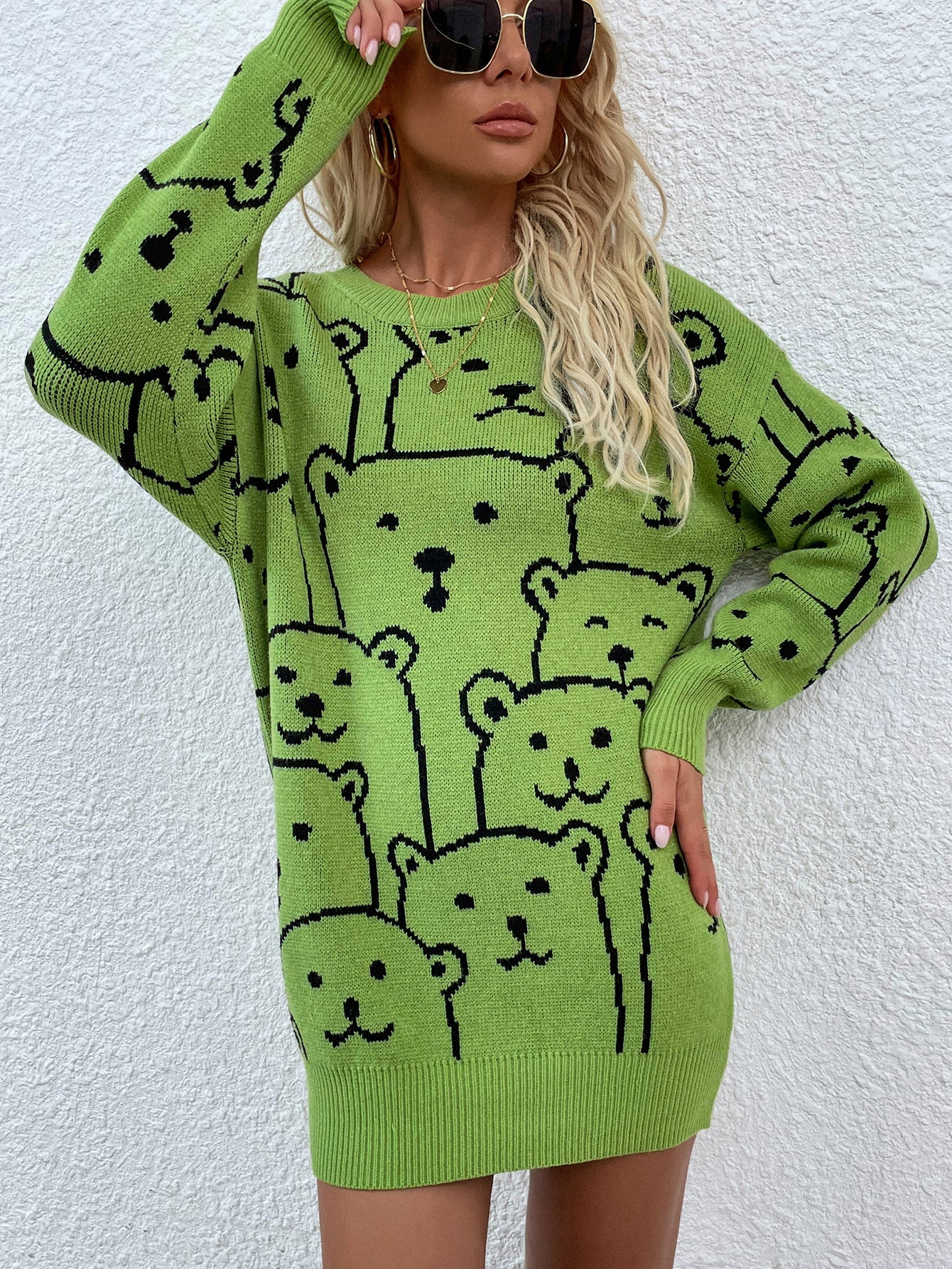 Calistally | Green Smiley Polar Bear Knit Sweater Dress