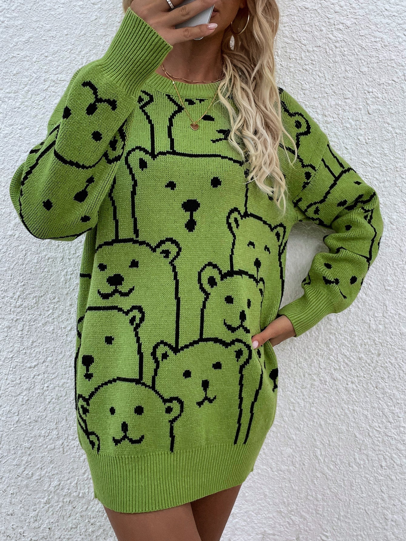 Calistally | Green Smiley Polar Bear Knit Sweater Dress