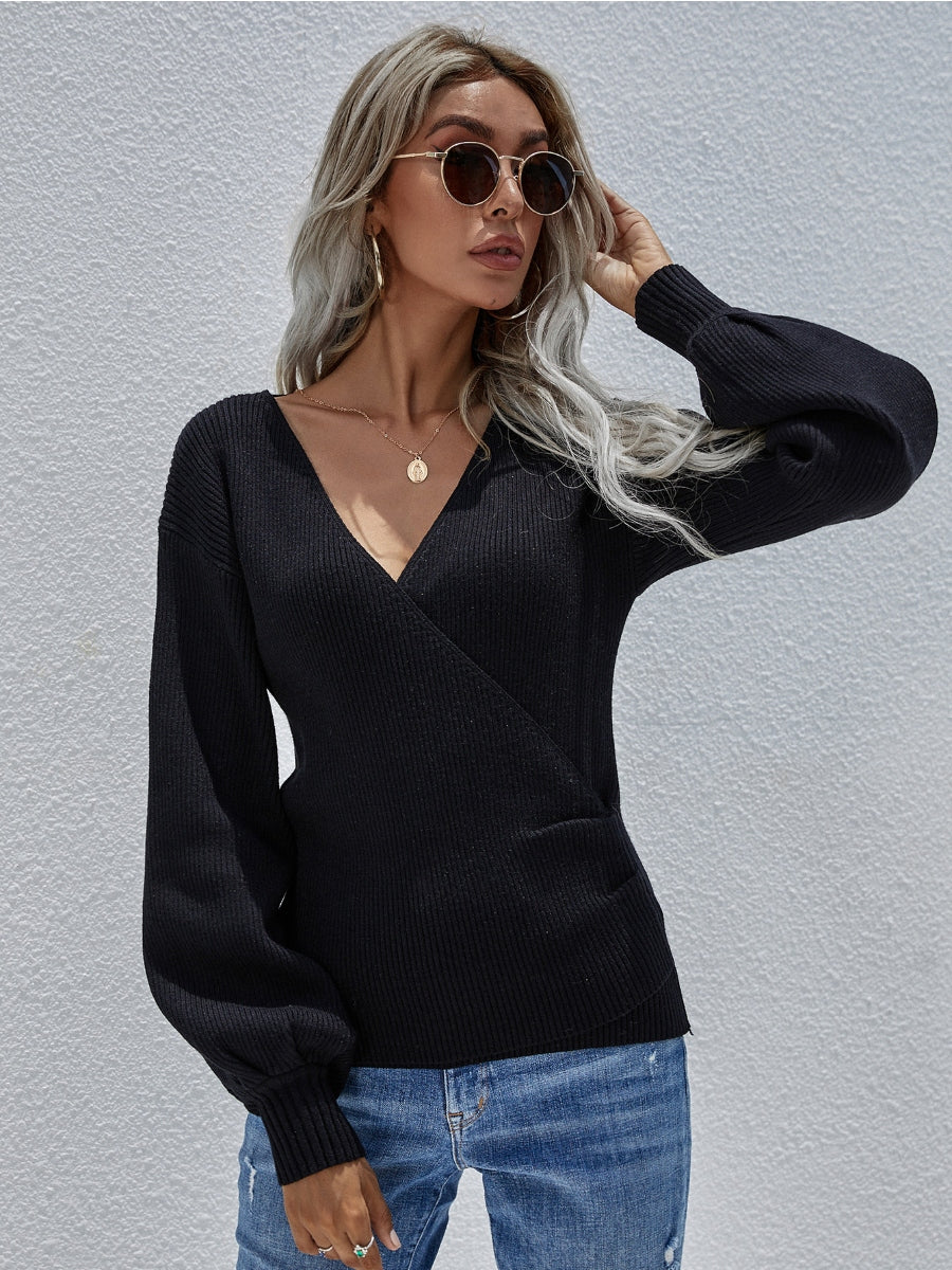 Calistally | Lantern-Sleeve V-Neck Wrap Knit Top - Black