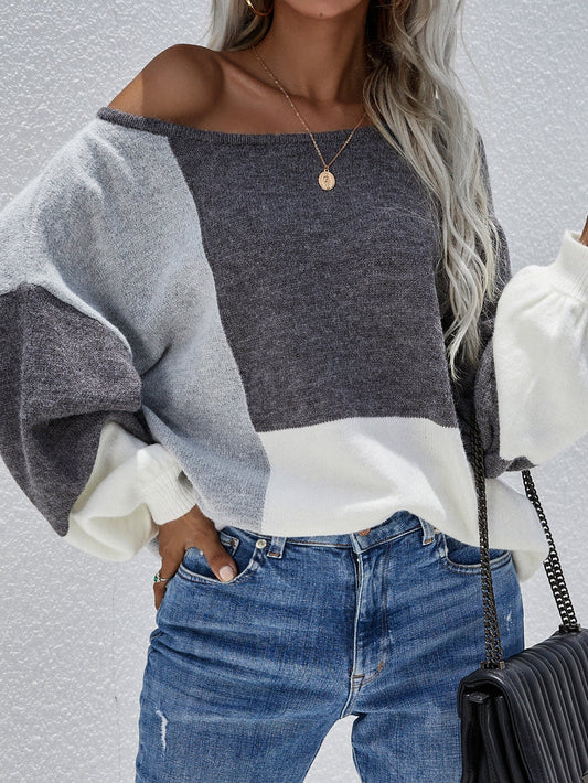 Calistally | Color Block Pattern Knit Sweater - Grey