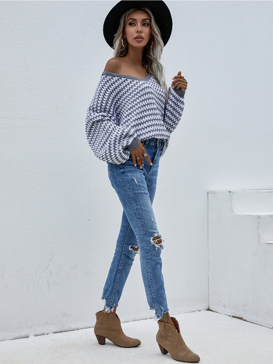 Calistally | Puff sleeve V-Neck Sweater - Grey