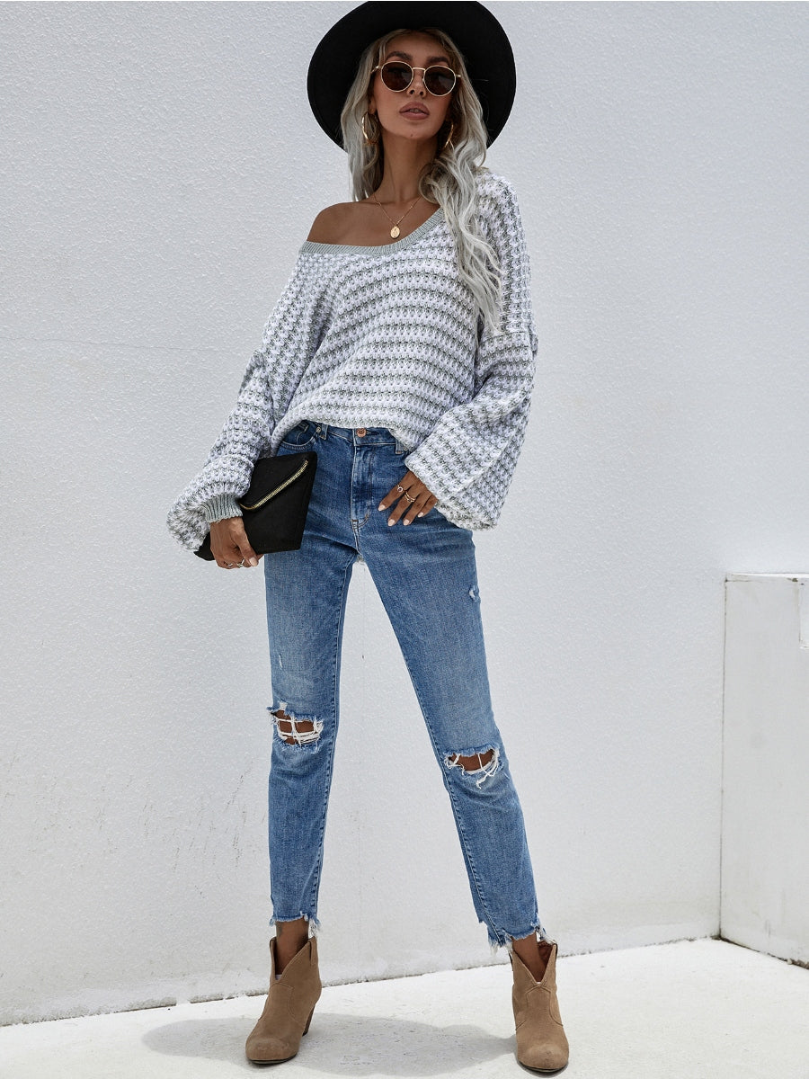 Calistally | Puff sleeve V-Neck Sweater - Smoke