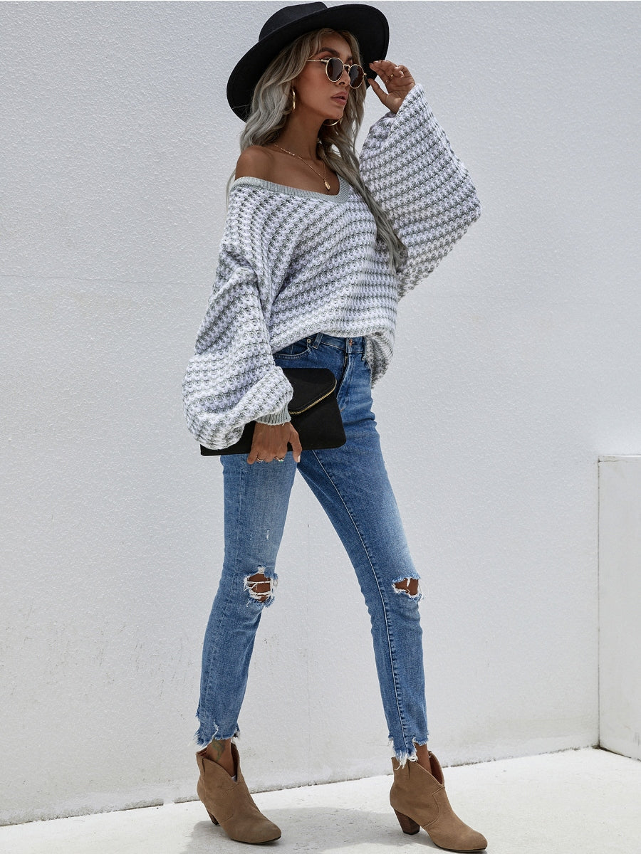 Calistally | Puff sleeve V-Neck Sweater - Smoke