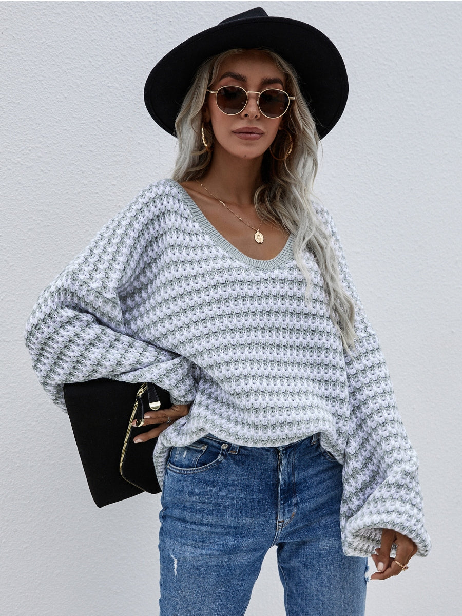 Calistally | Puff sleeve V-Neck Sweater - Smoke