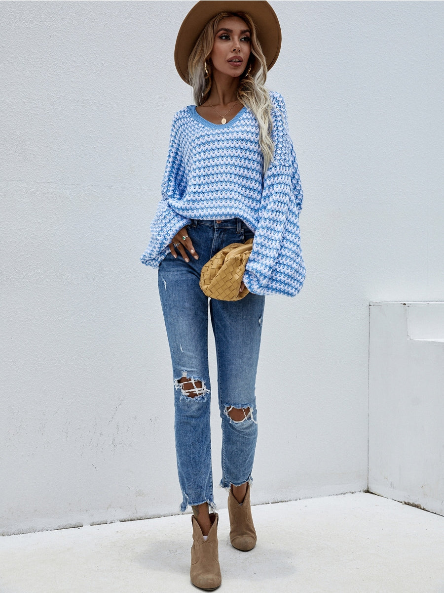 Calistally | Puff sleeve V-Neck Sweater - Blue