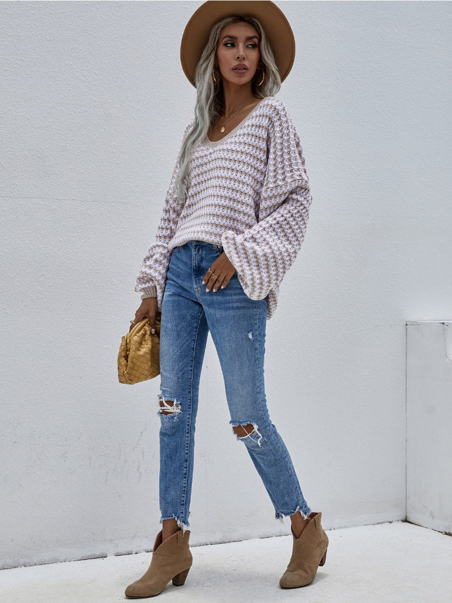 Calistally | Puff sleeve V-Neck Sweater - Beige