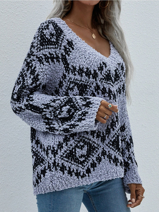 Calistally | Geometric Pattern Lantern Sleeve Sweater - Grey