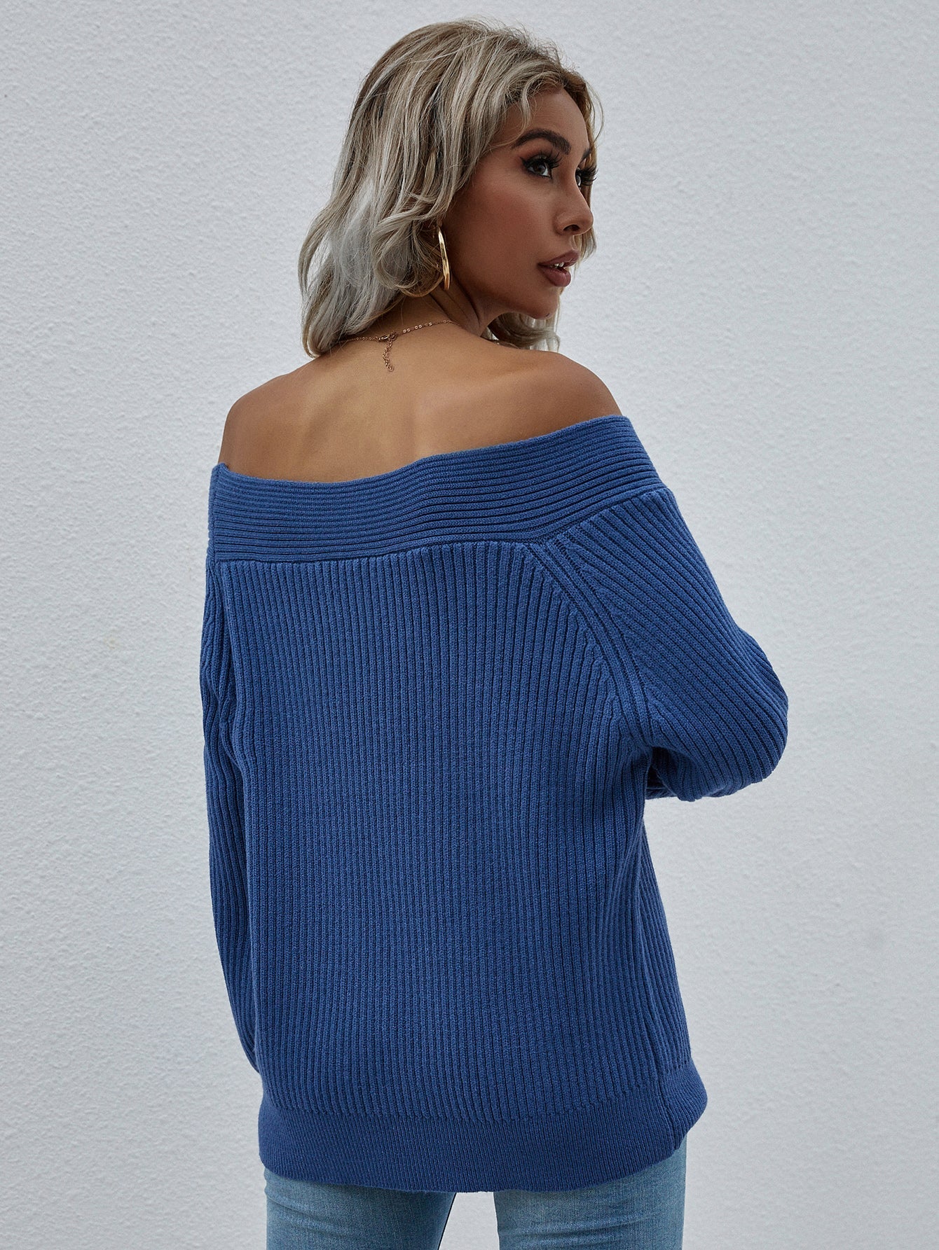 Calistally | Navy Bell-Sleeve Off-Shoulder Knit Sweater
