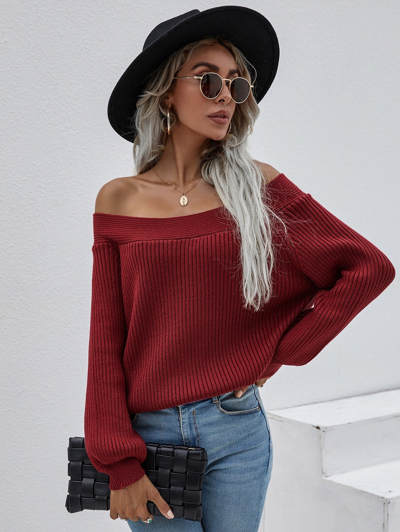 Calistally | Maroon Bell-Sleeve Off-Shoulder Knit Sweater