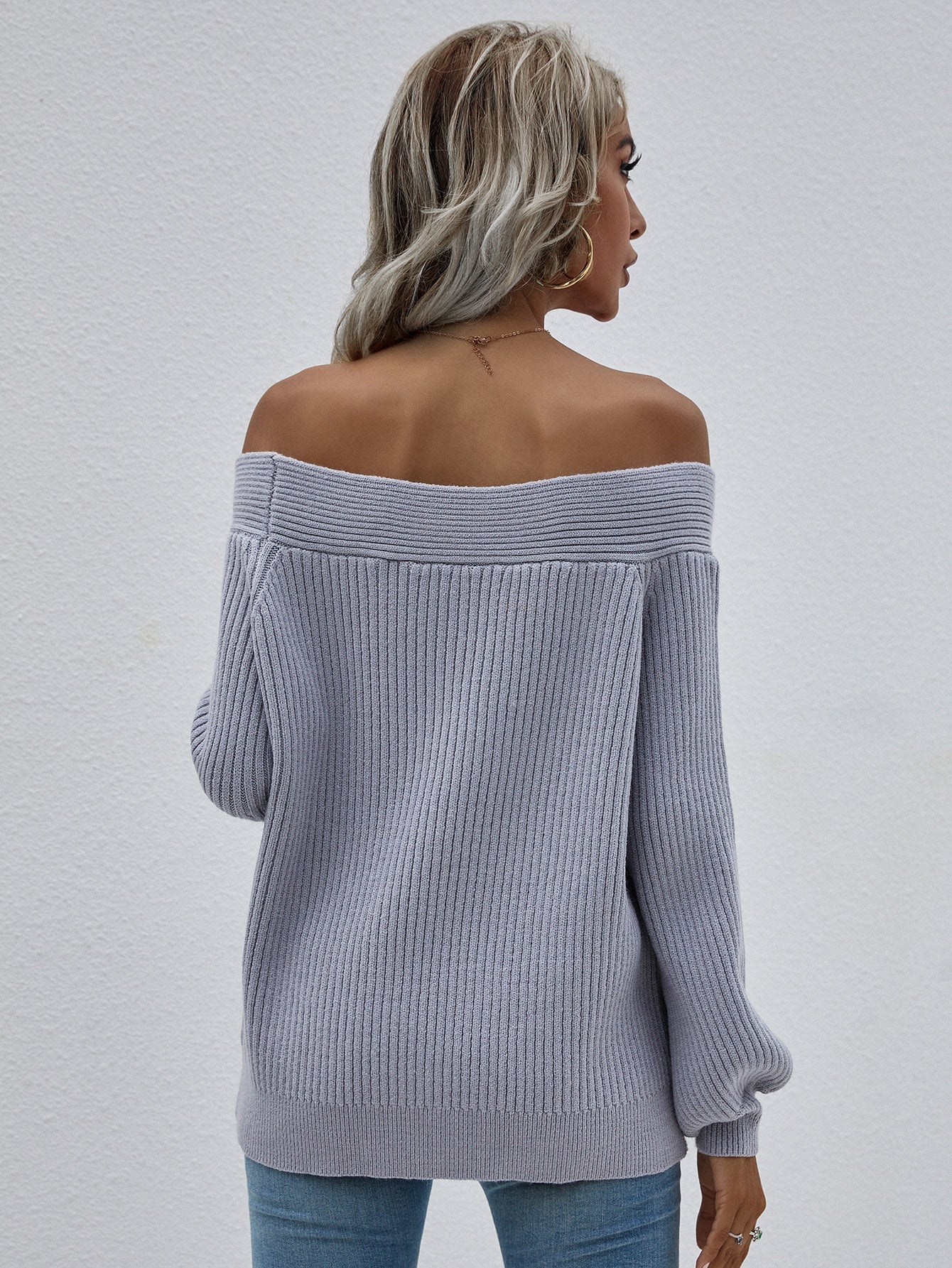 Calistally | Grey Bell-Sleeve Off-Shoulder Knit Sweater