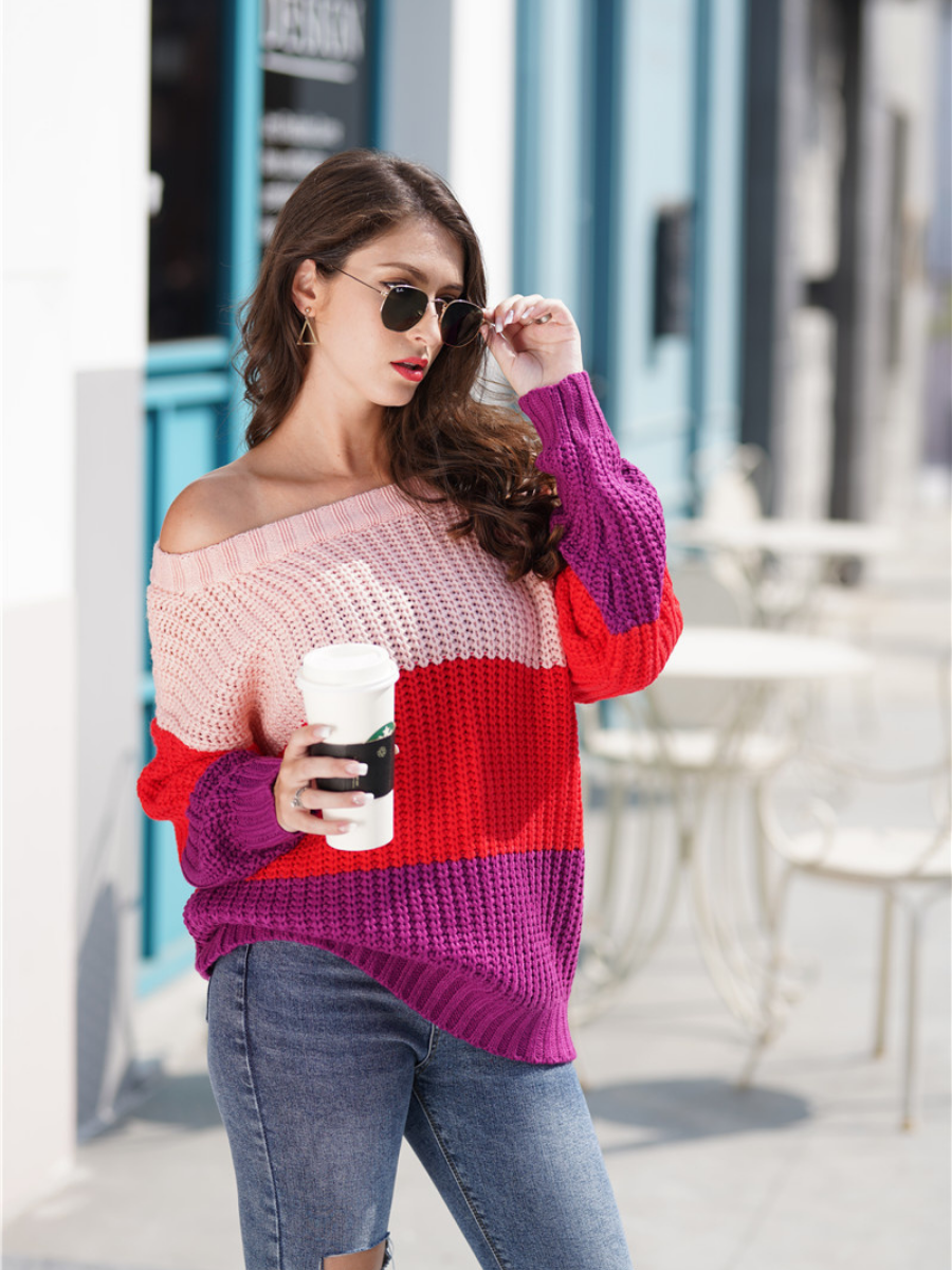 Calistally Doll | EVELINA Pink Red Tri-Stripe Color Knit Pullover