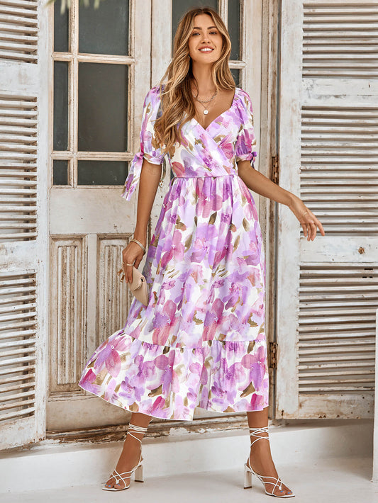 TANYA PAINTING FLORAL SHORT SLEEVE MAXI DRESS - PURPLE