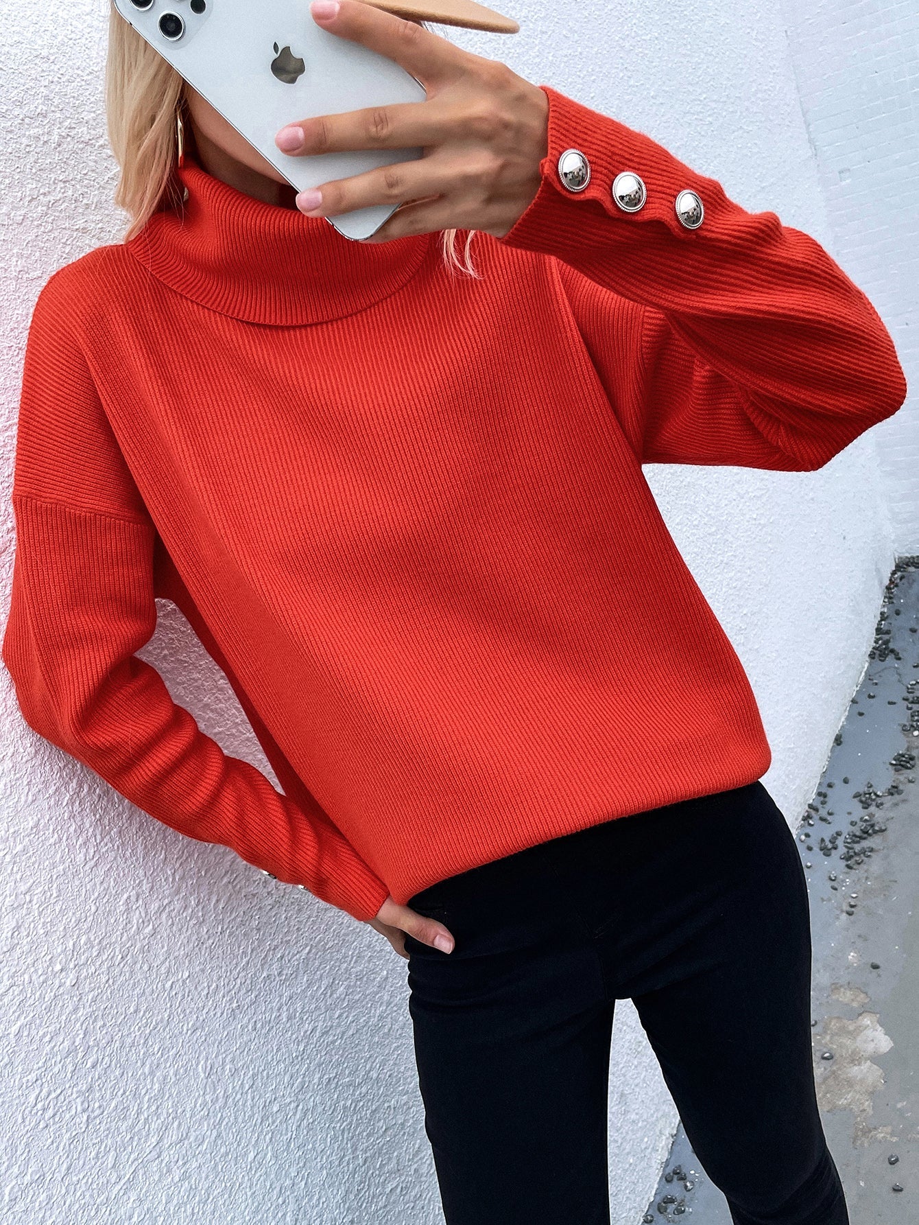 Calistally | Coral Red Oversized Collar Turtleneck Knit Sweater