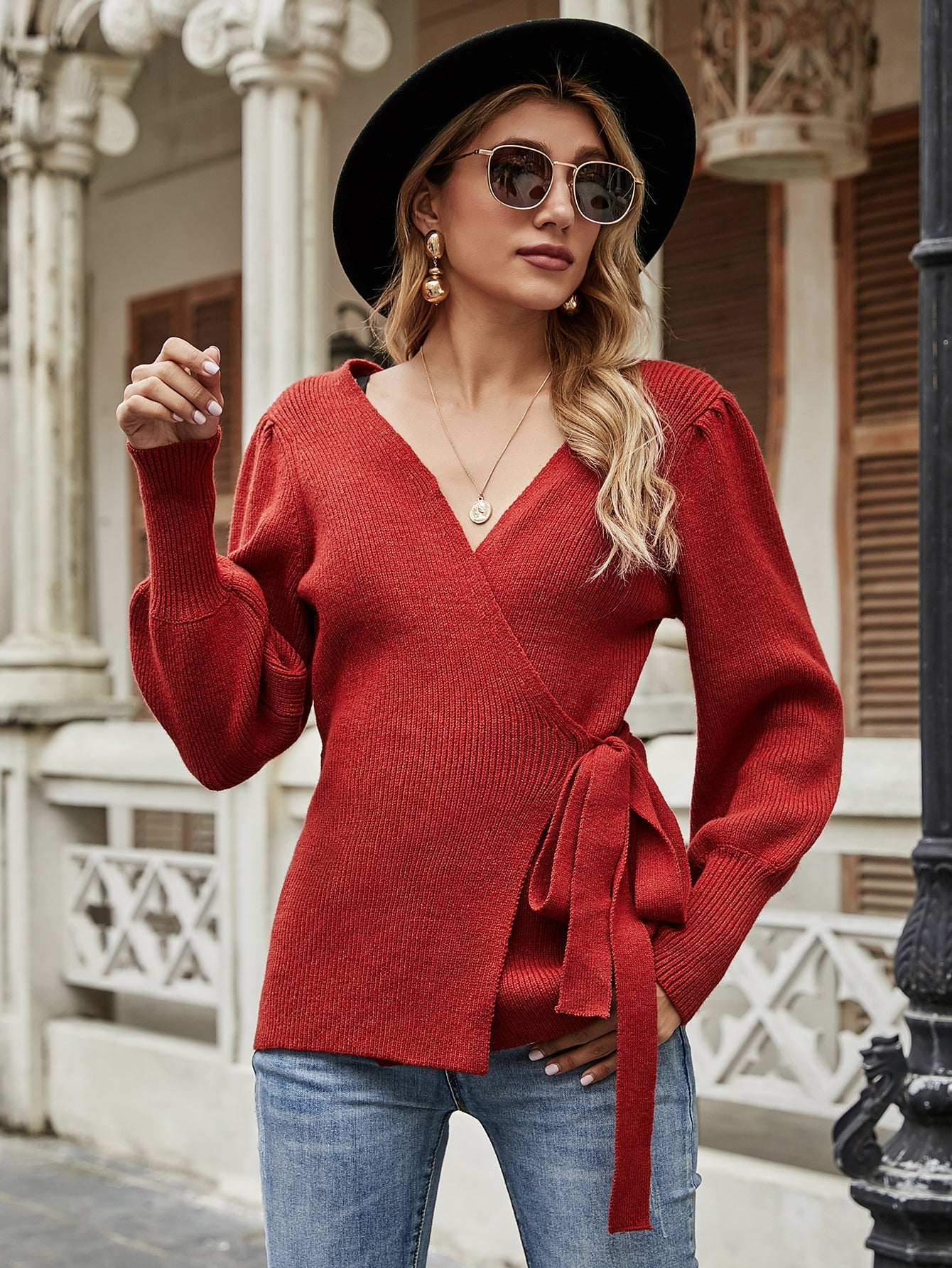 Calistally | LEONORA Bishop Sleeve Knit Top - Red