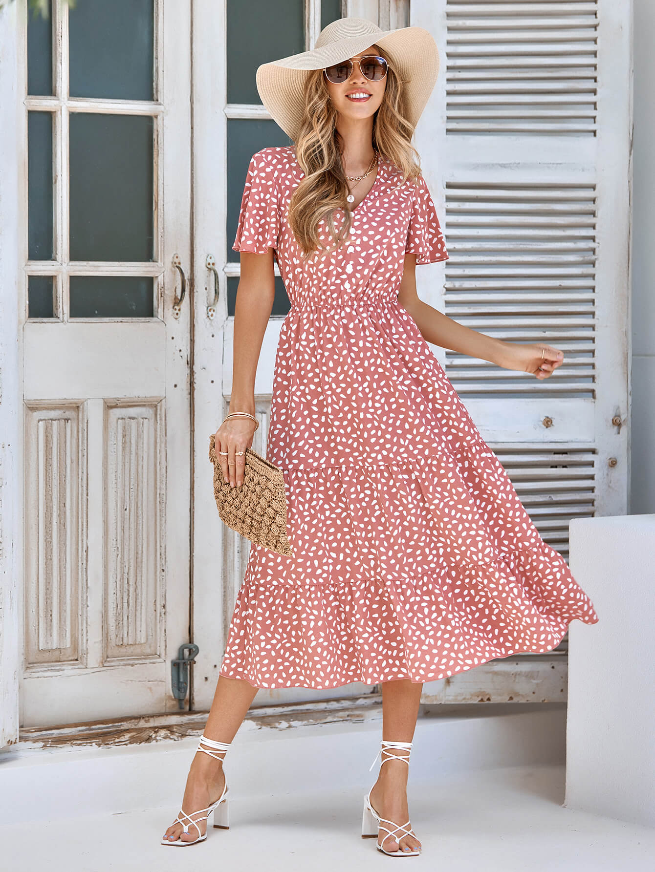 CHARLIE SHORT SLEEVE SPOT MIDI DRESS - SALMON