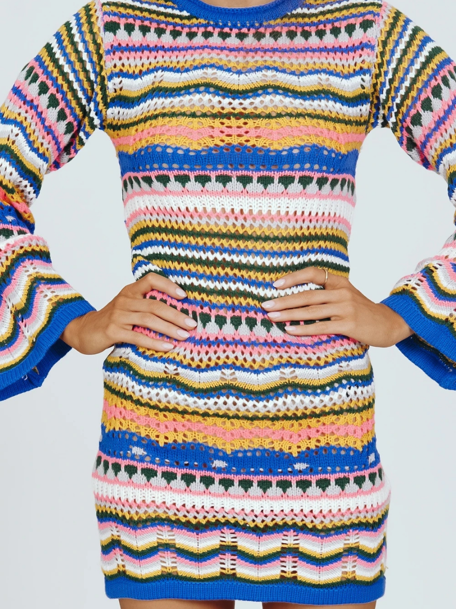 Calistally Doll | Zig Zag Crochet Knit Dress - Blue