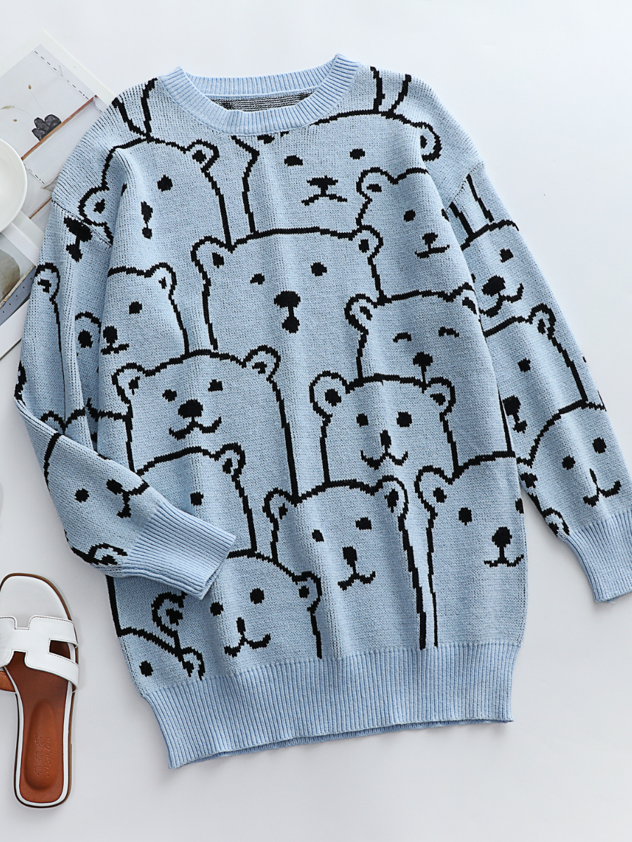 Calistally Doll | Blue Smiley Polar Bear Knit Sweater Dress