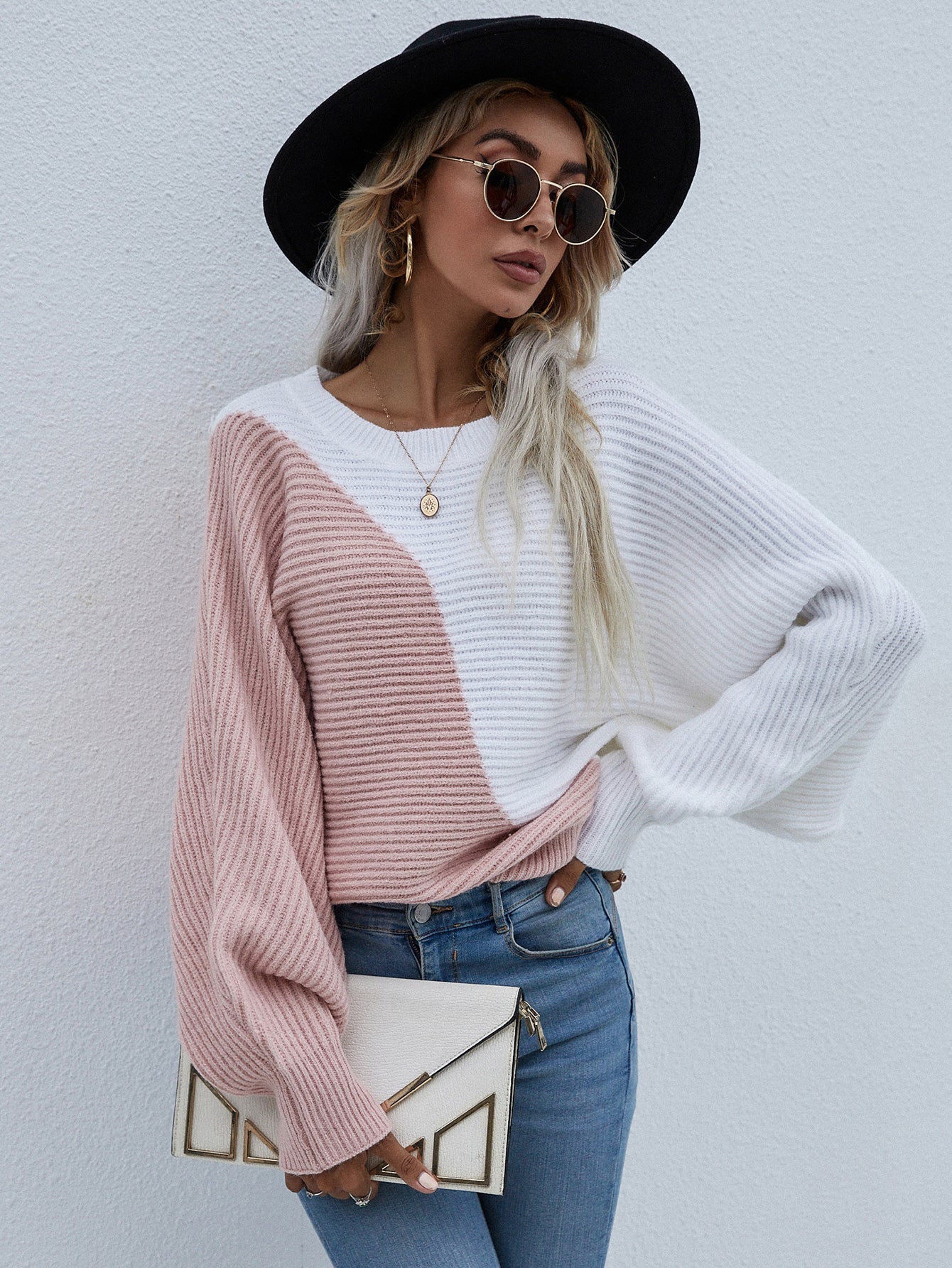 Calistally | GRANIA Batwing Sleeve Block Color Knit Sweater