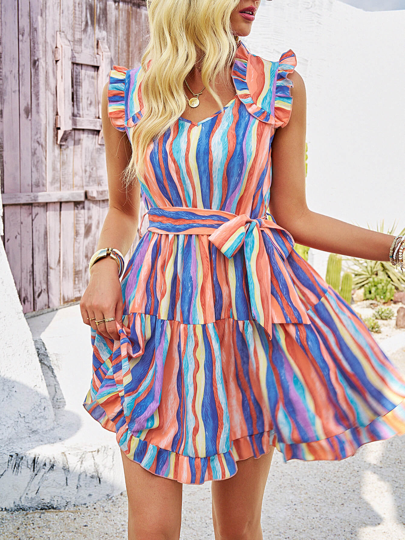 Shades Of Happiness Striped Tie Waist Mini Dress