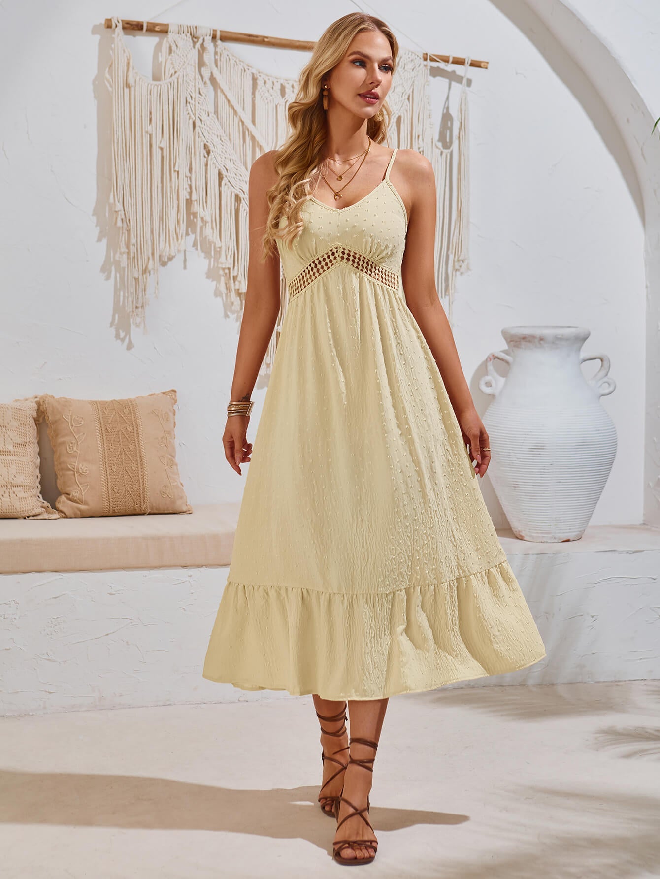 Clementina Crochet Waist Midi Dress - Apricot