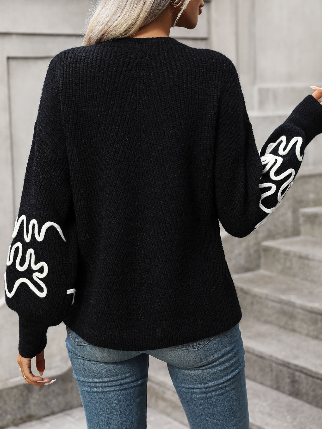 Hadi Swirl Embroidered Sleeve Knit Sweater - Black