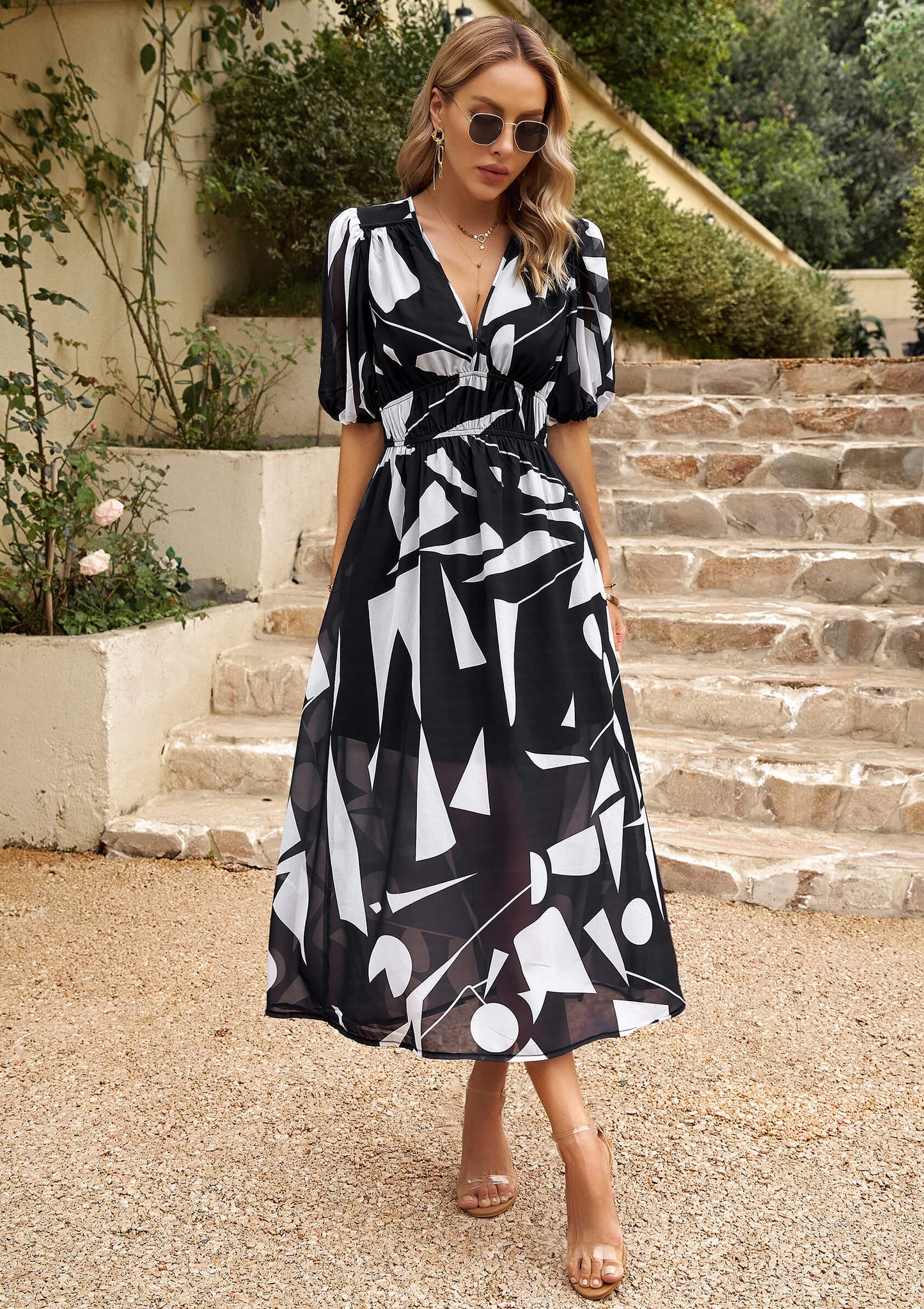 HIDDEN PASSAGE PRINTED MIDI DRESS - BLACK