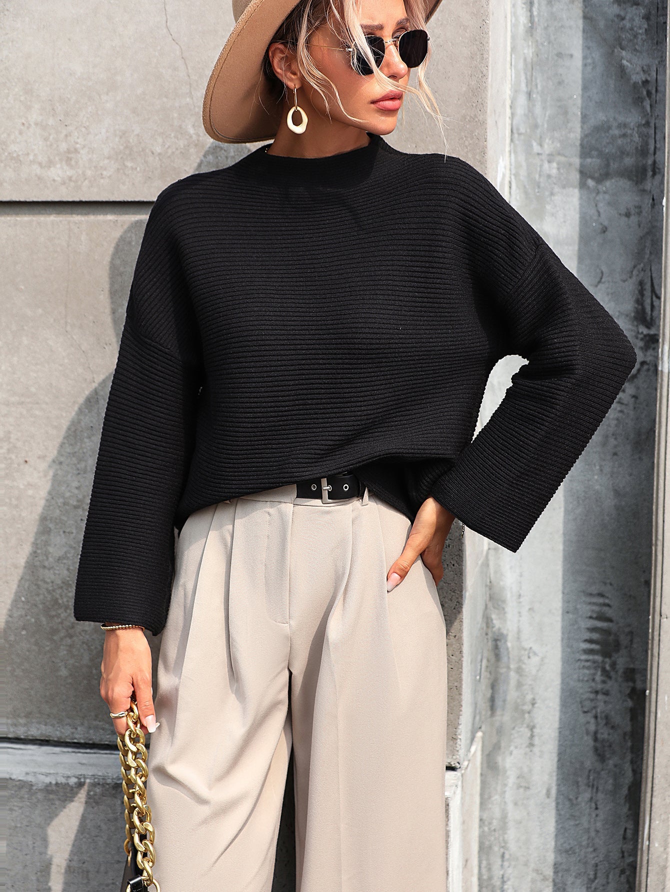 Elouise Knit Oversized Pullover Sweater - Black
