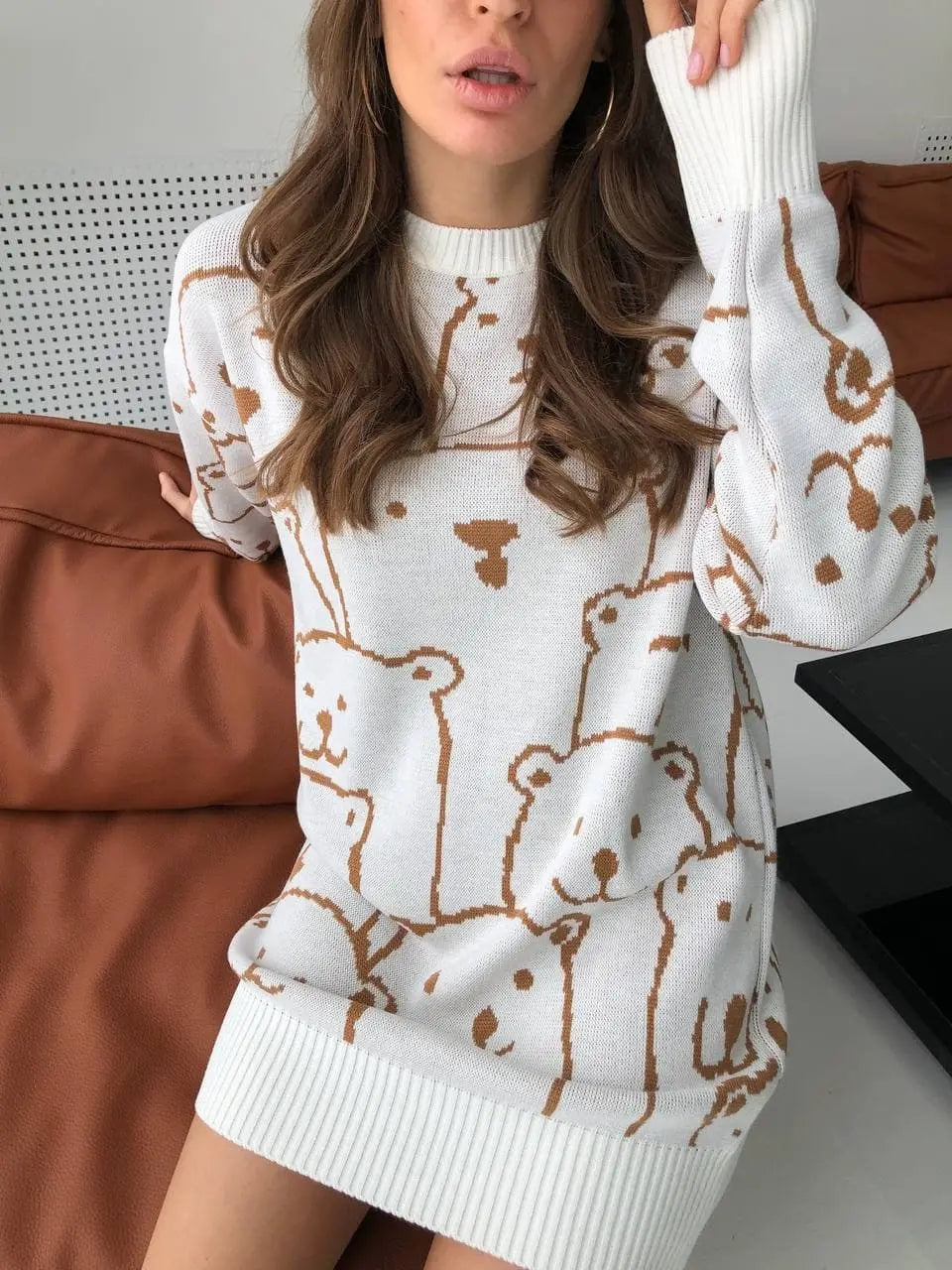 Calistally Doll | Cream Smiley Polar Bear Knit Sweater Dress
