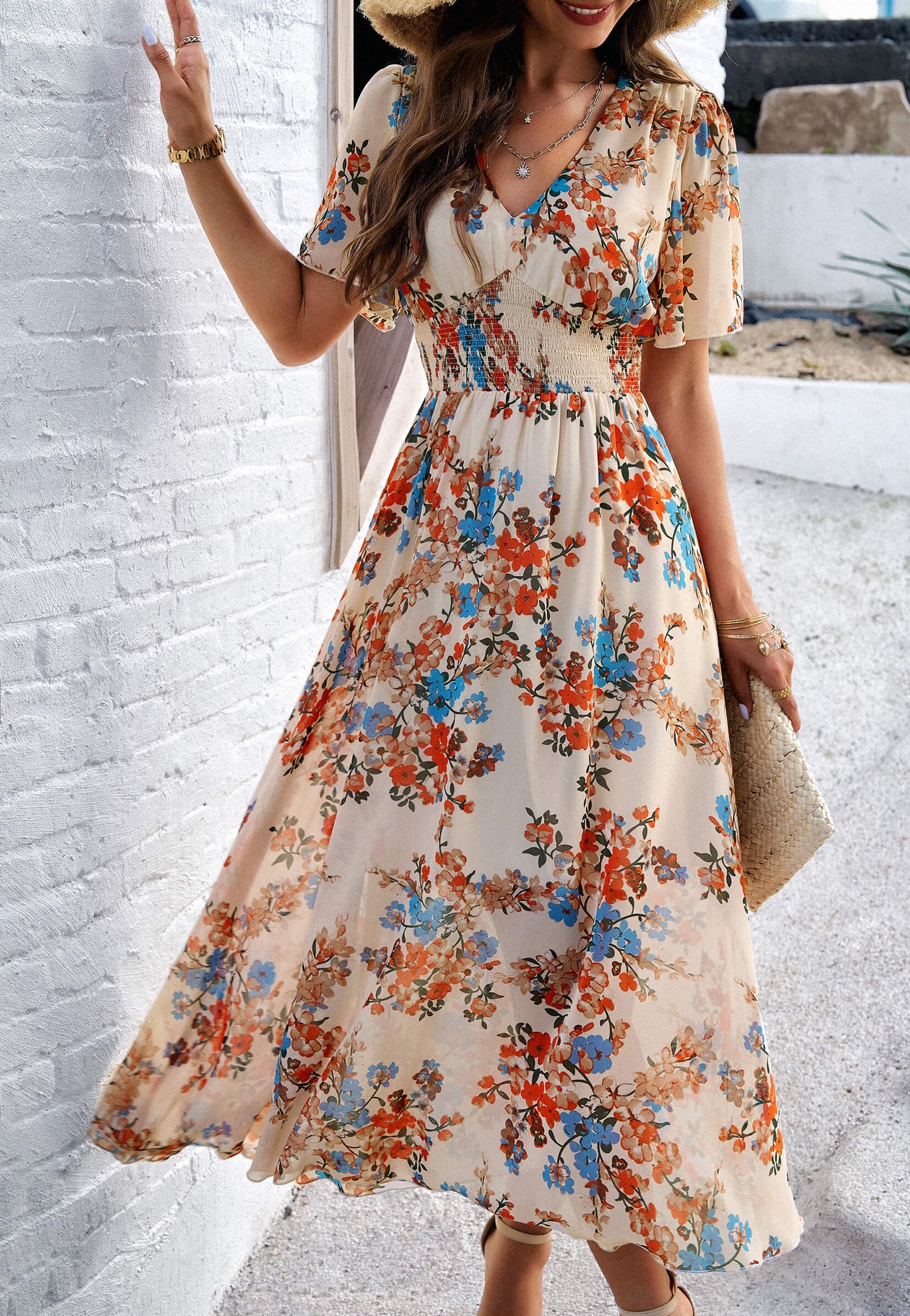 Garden Party Short Sleeve Chiffon Midi Dress - Khaki