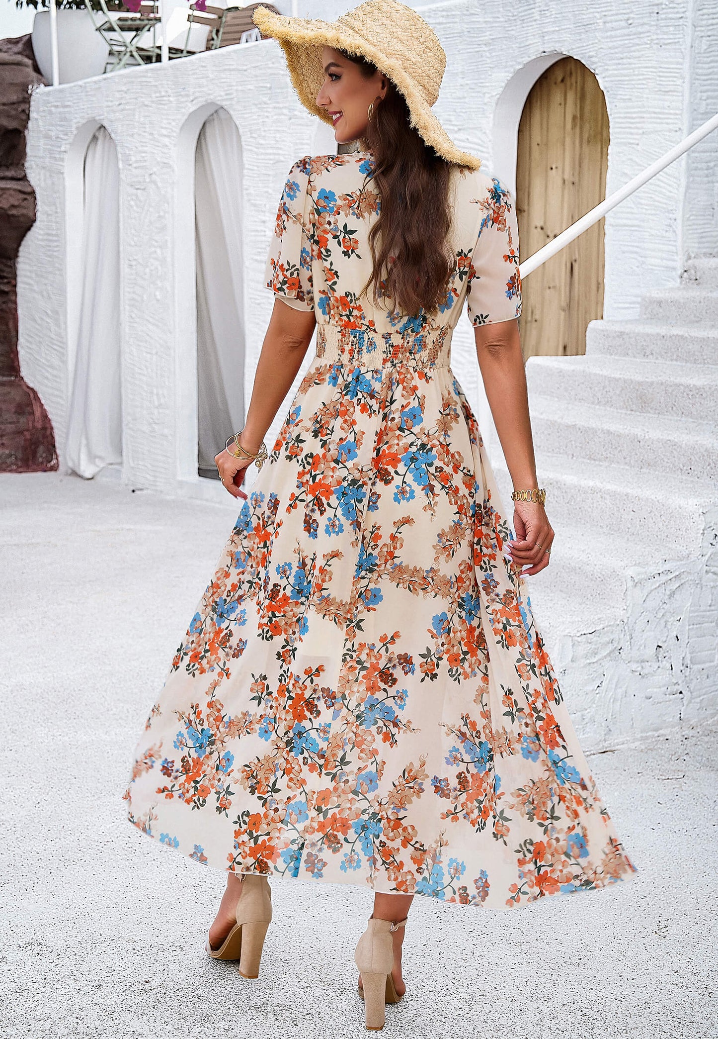 Garden Party Short Sleeve Chiffon Midi Dress - Khaki