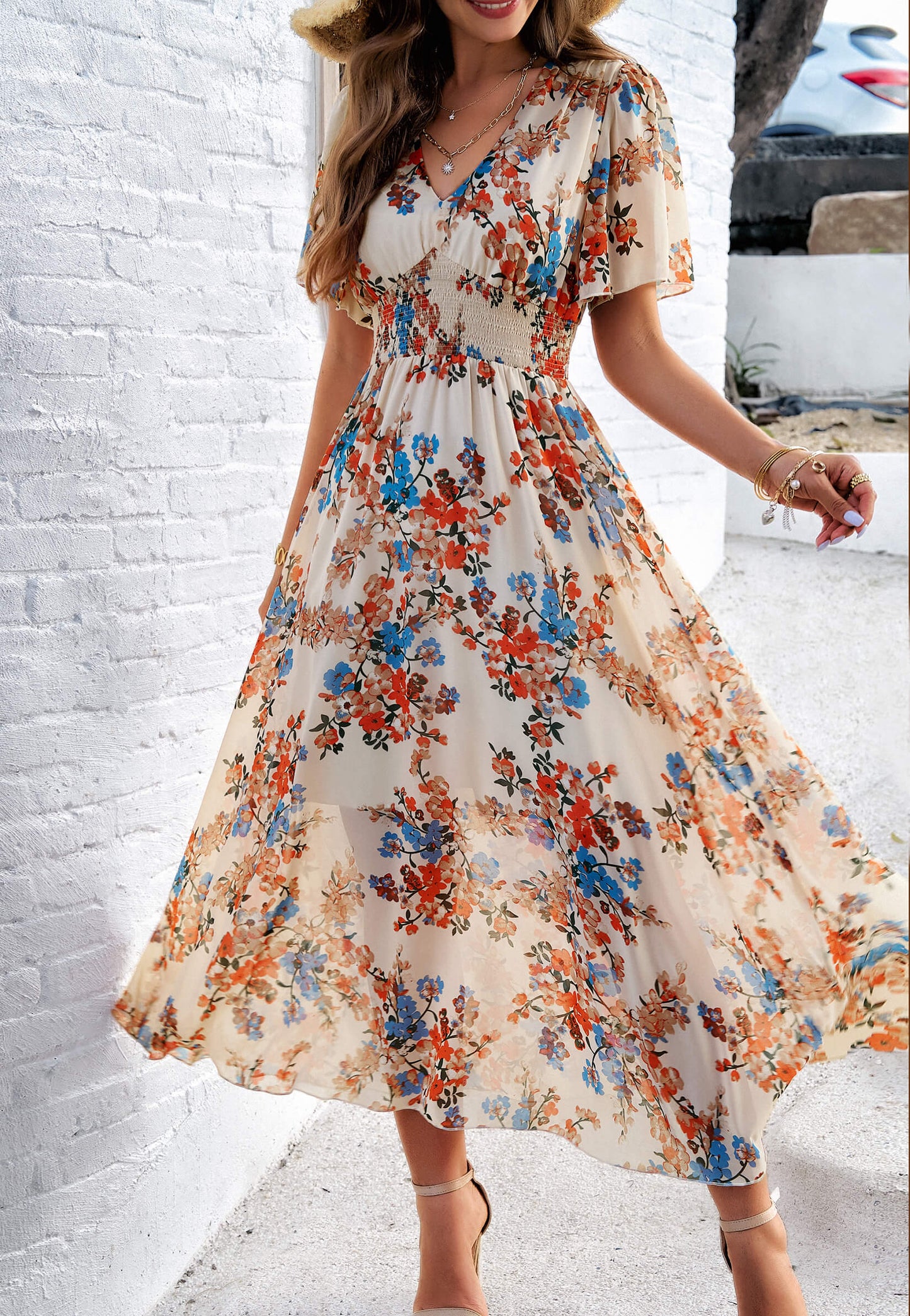 Garden Party Short Sleeve Chiffon Midi Dress - Khaki