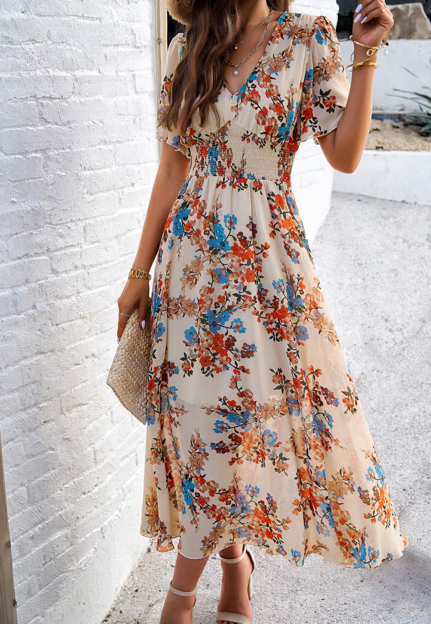 Garden Party Short Sleeve Chiffon Midi Dress - Khaki