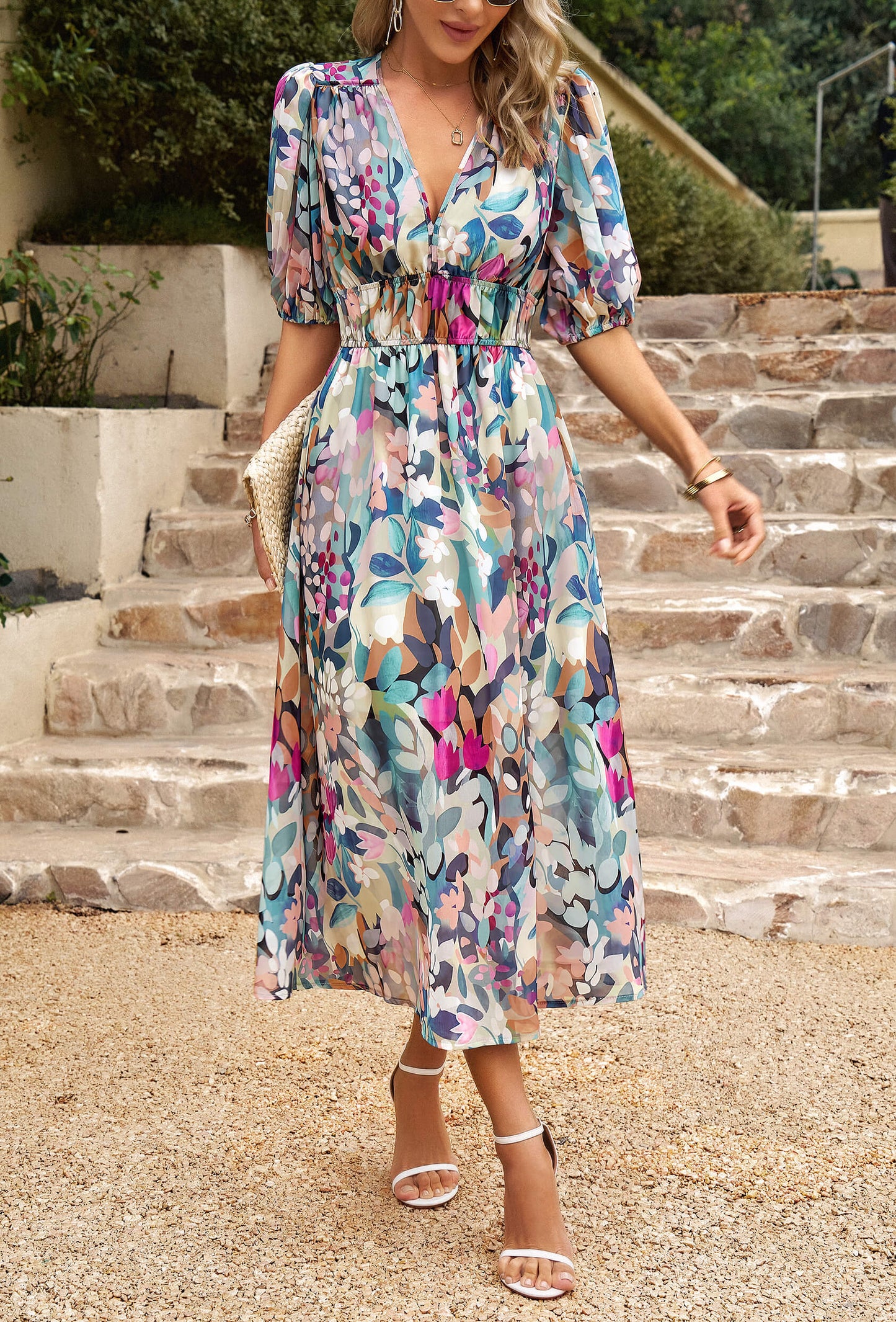 EUPHORIC MOOD FLORAL PRINTED MIDI DRESS - MULTI