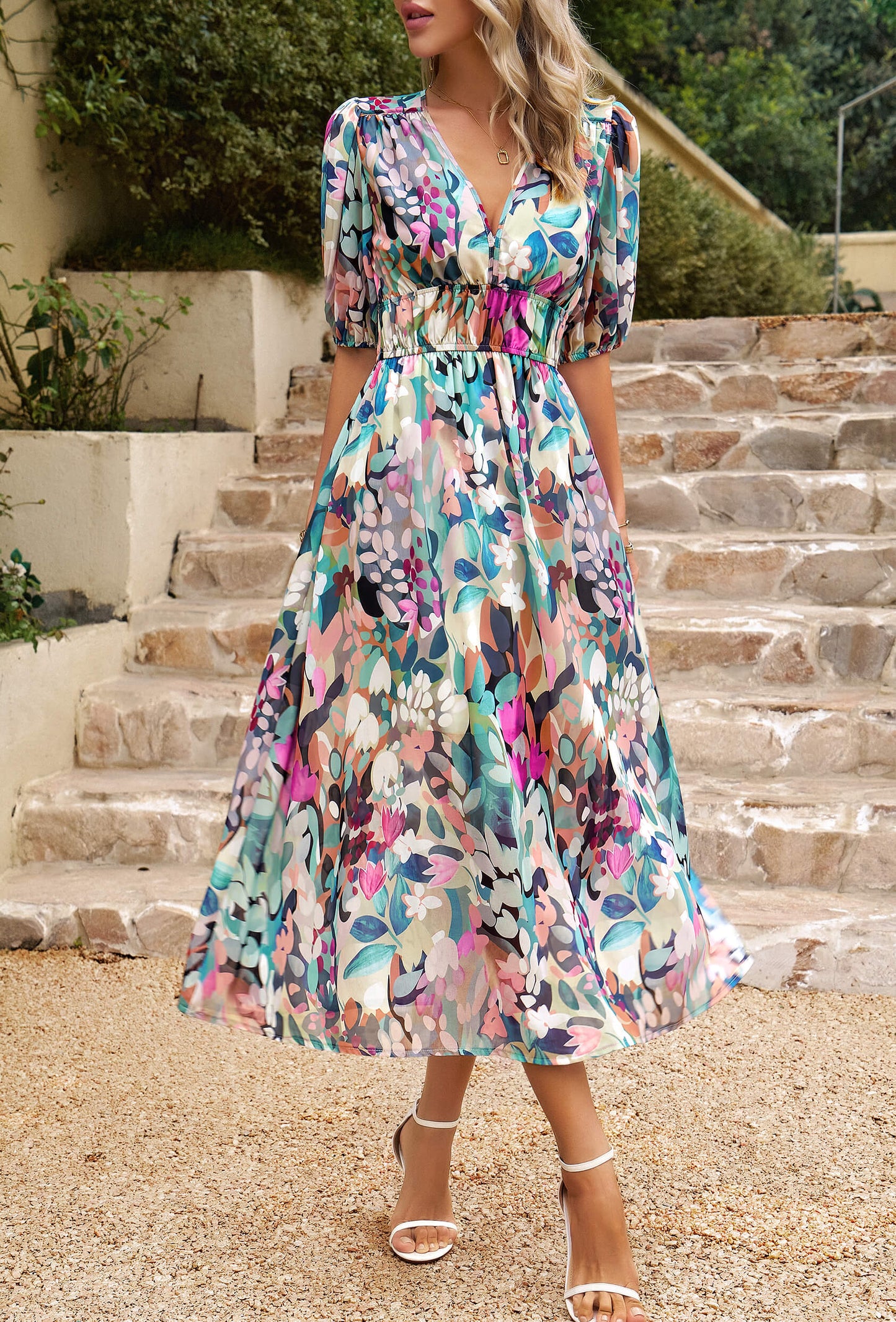 EUPHORIC MOOD FLORAL PRINTED MIDI DRESS - MULTI