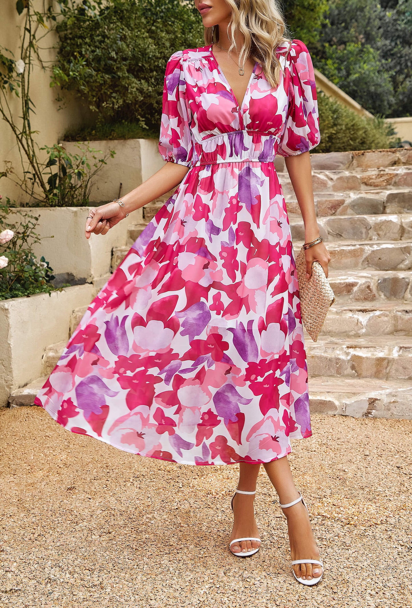 EUPHORIC MOOD FLORAL PRINTED MIDI DRESS - PINK