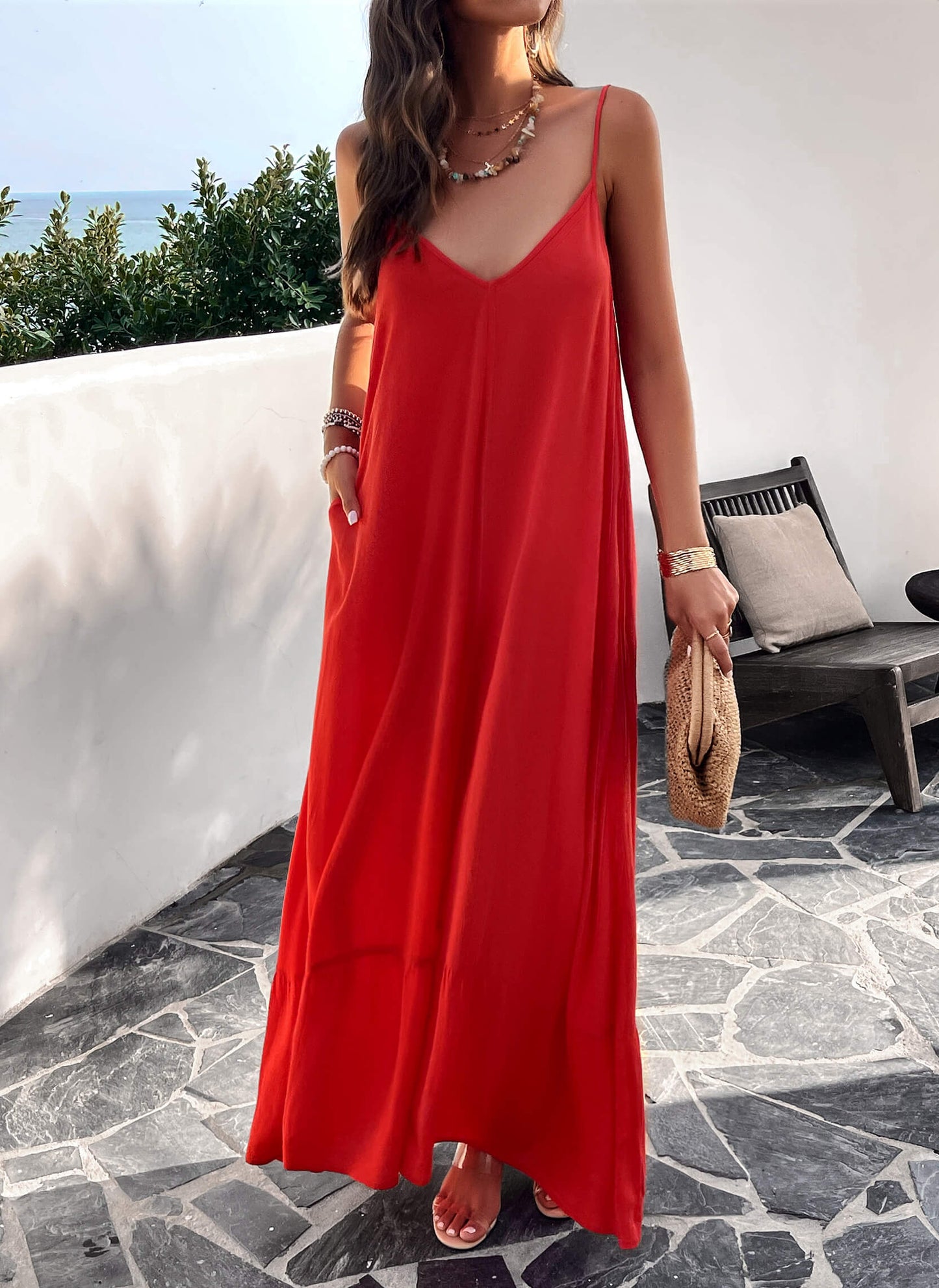 Olivian Pocketed Maxi Dress - Red
