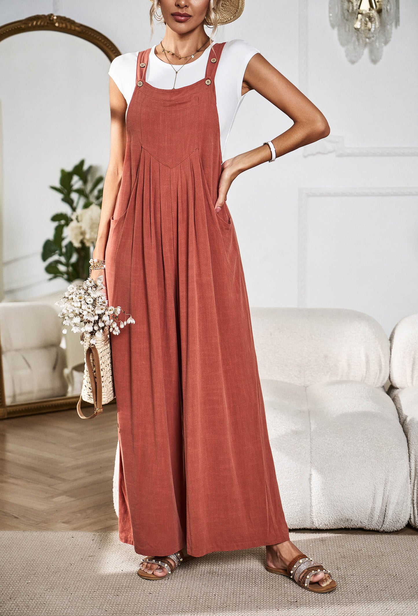 LINETTE WIDE LEG LINEN OVERALLS - RUST